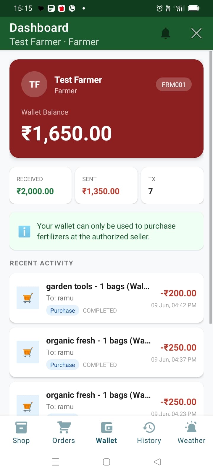 AgriMart wallet balance and transactions